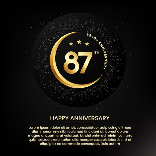 87 years anniversary with a half moon stars glitter and editable speech text Golden half moon anniversary banner template with a golden number