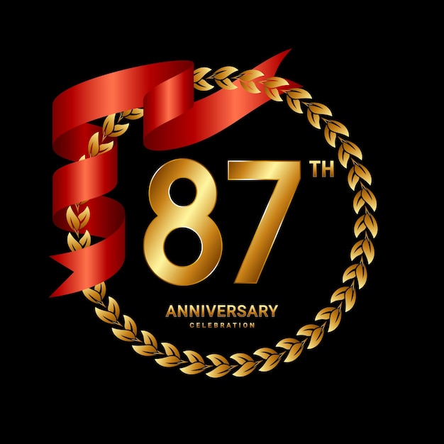 87th Anniversary Logo Design with Laurel Wreath and Red Ribbon Logo Vector Template