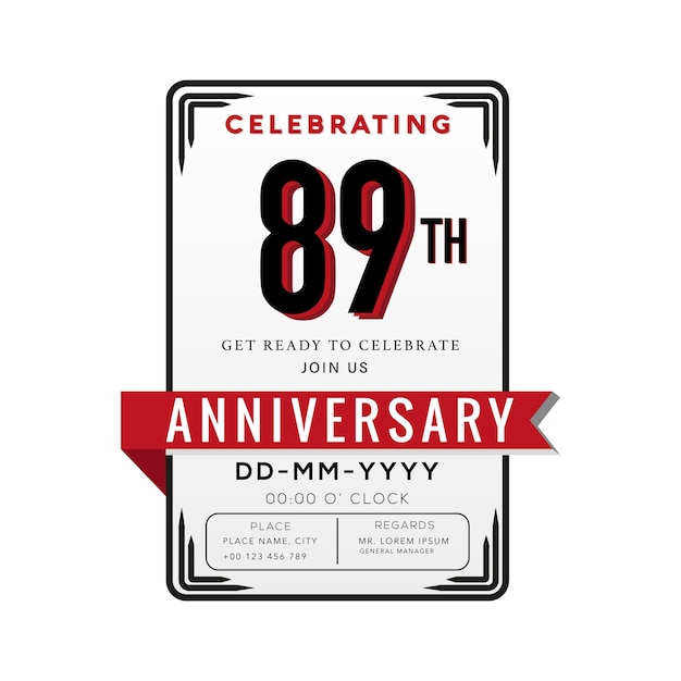 89 Years Anniversary Logo Celebration and Invitation Card with red ribbon Isolated.