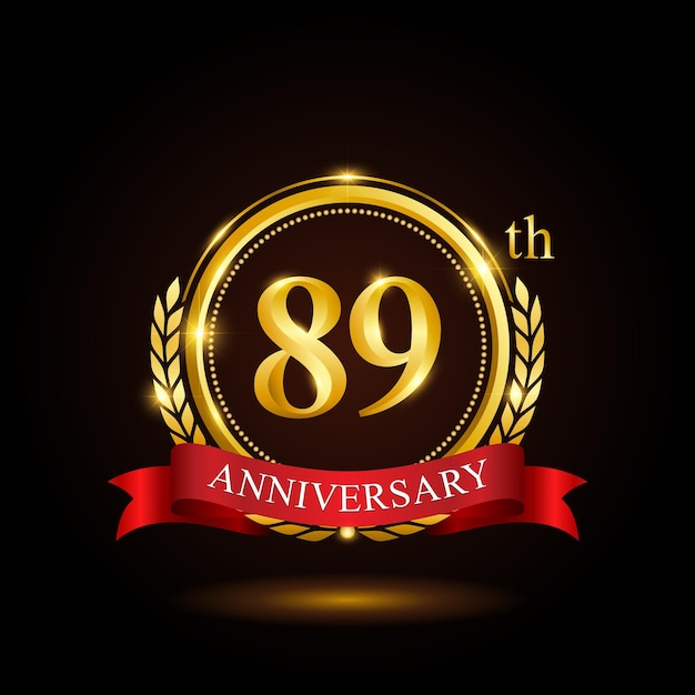 89th golden anniversary template design with shiny ring and red ribbon laurel wreath isolated on black background logo vector