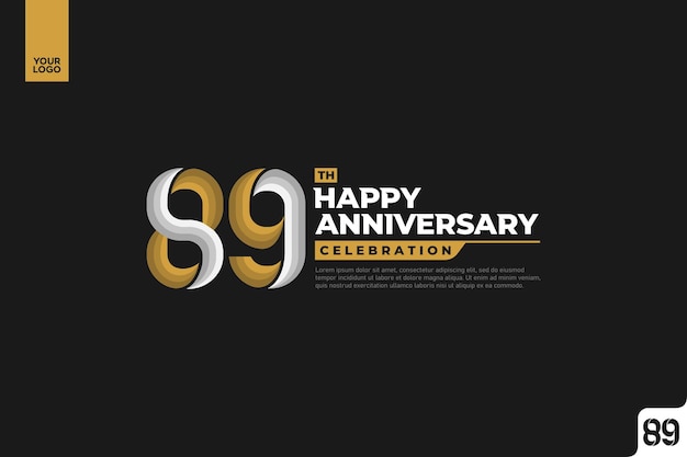 89th happy anniversary celebration with gold and silver on black background