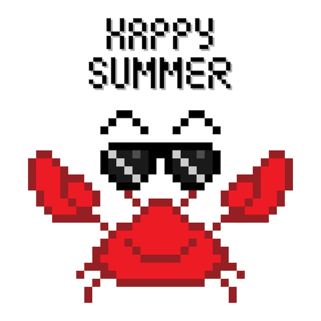 8bit picture Red Crab showing its Claws with Happy Summer Text pixel art Cartoon Vector