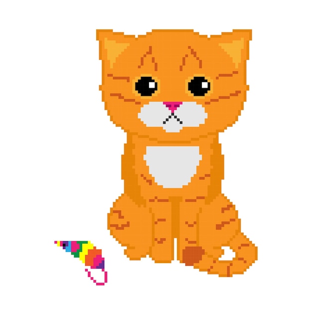 8bit pixel art of a cute ginger cat with a rainbow mouse