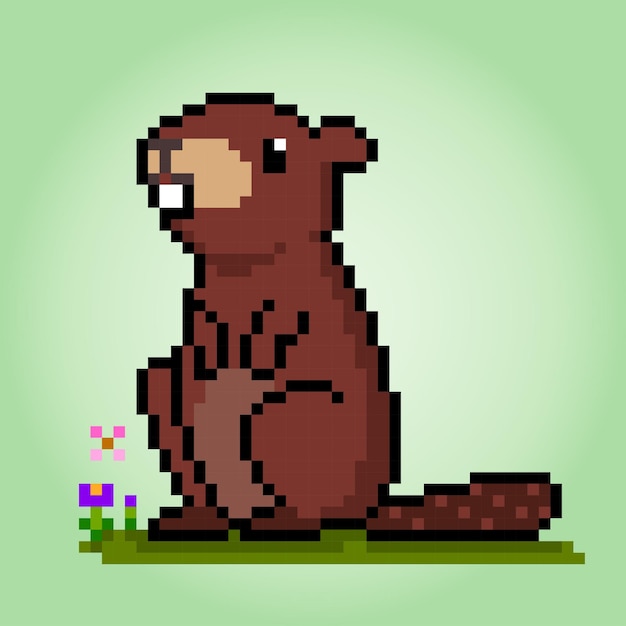 8bit Pixel beaver Animal for game assets in vector illustration