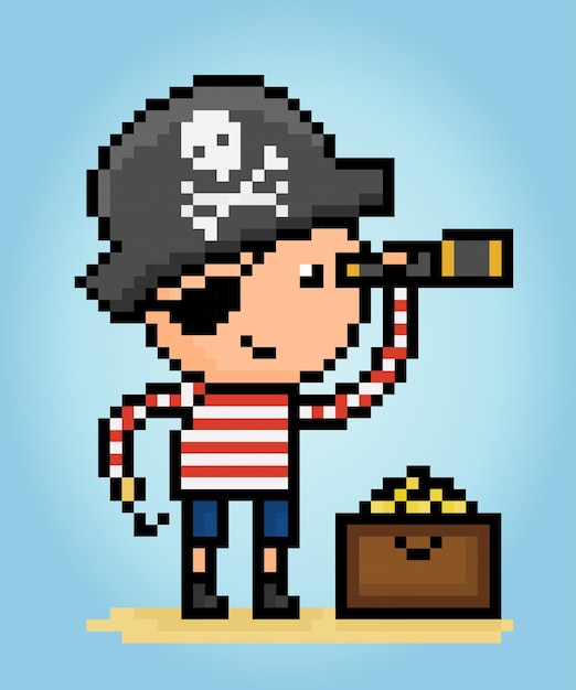 8bit pixel children's pirates with treasure boxes in vector illustrations Set Doodle cute creatures