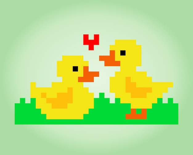 8bit pixel duck couple fall in love Animal game assets in vector illustrations