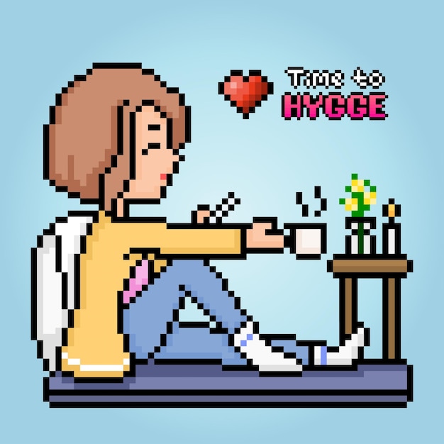 8bit pixels the theme hygge The cartoon of women sitting relaxing and drinking coffee in vector