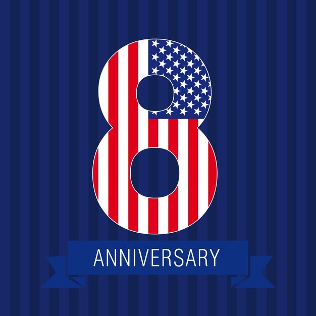 8th anniversary flag logo. 8 th place celebrating icon with American flag. USA number