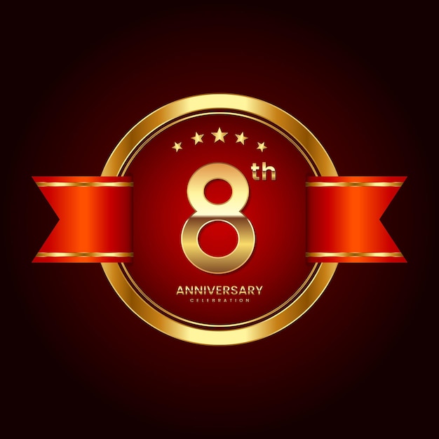 8th Anniversary logo with badge style Anniversary logo with gold color and red ribbon Logo Vector