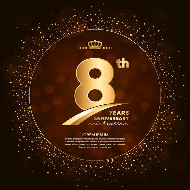 8th anniversary logo with gold numbers and glitter isolated on a gradient background