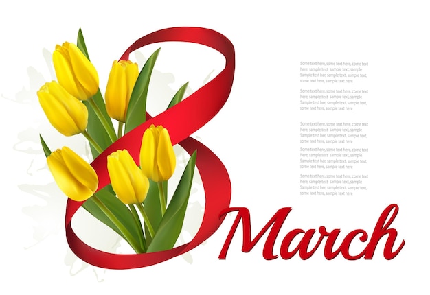 8th March illustration Holiday yellow flowers background with yellow tulips and red ribbon Vector