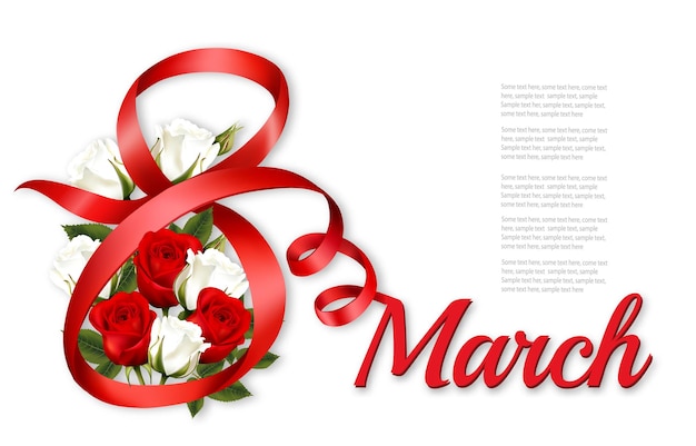 8th March illustration with red and white roses flowers and red ribbons International Women's Day Vector