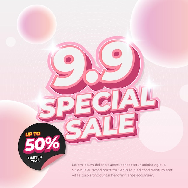 9 9 Shopping day Sale discount deals Editable text with soft pink gradient 3d bubbles circle banner