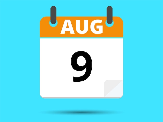 9 August Flat icon calendar isolated on blue background Vector illustration