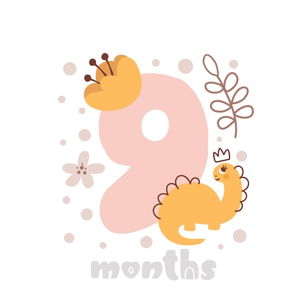 9 nine months anniversary card Baby shower print with cute animal dino and flowers capturing all special moments