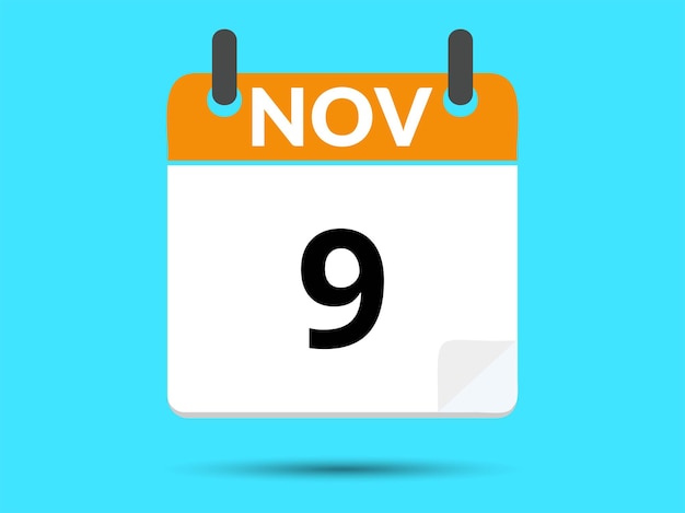 9 November Flat icon calendar isolated on blue background Vector illustration