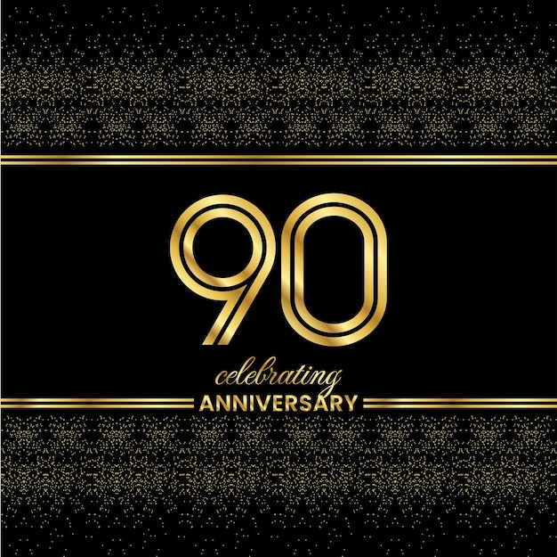 Vector 90 golden double line number anniversary invitation cover with glitter separated by golden double lines on a black background