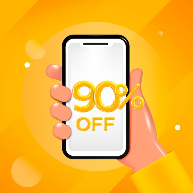 90 or Ninety percent off design. Hand holding a mobile phone with an offer message. Special discount