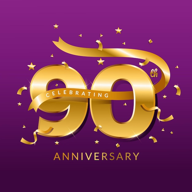 90 years anniversary vector banner template.birthday celebration banner with Golden numbers and conf