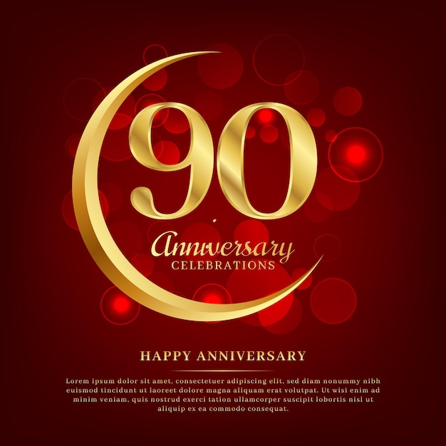 90 years anniversary with golden moon and red shiny background added with text for congratulations words