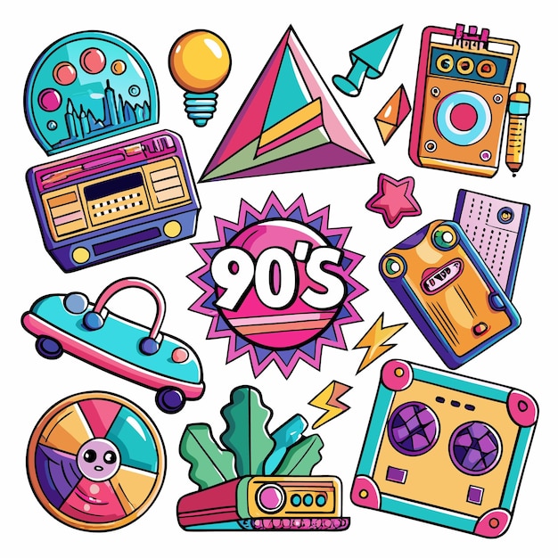 9039s cartoon illustration with various colorful retro objects