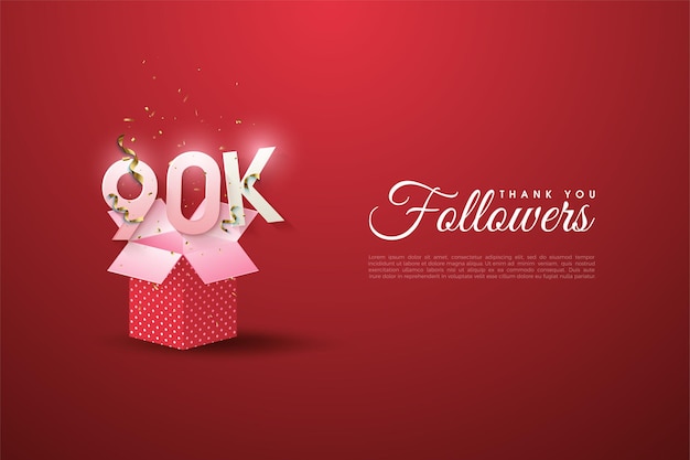 90k followers with illustrated numbers on open gift boxes.