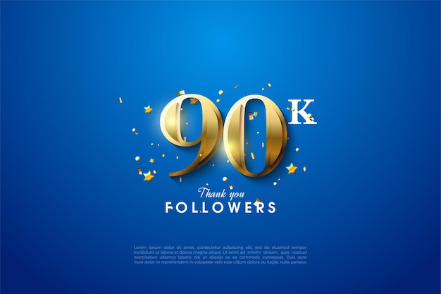 90k followers with shiny gold numbers on blue background.