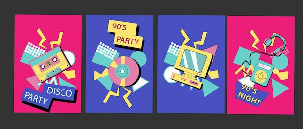 Vector 90s music backgrounds retro disco posters with y2k or 00s elements