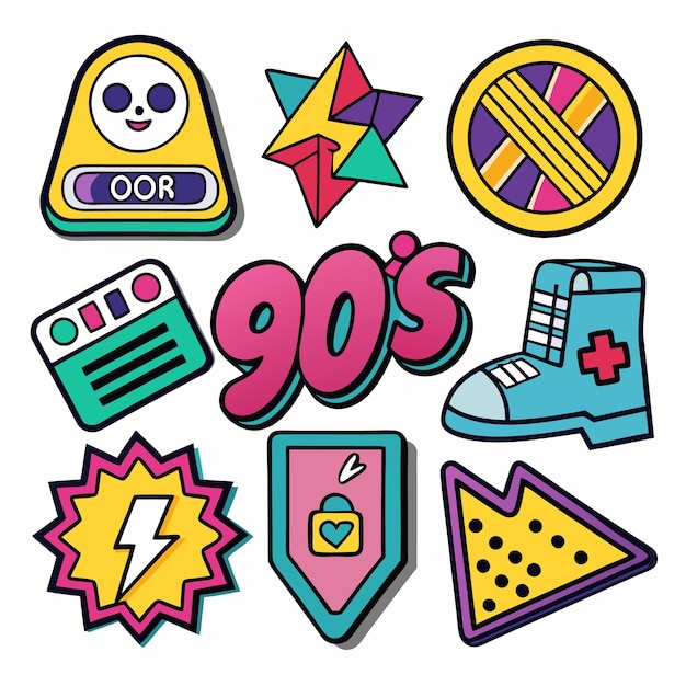 90s retro cartoon style icons of a star shoe lightning bolt heart and more