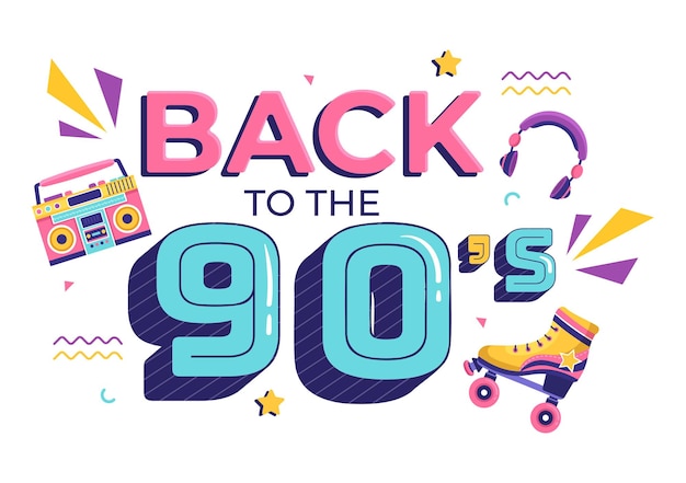 90s Retro Party Cartoon Background Illustration in Trendy Flat Style Design