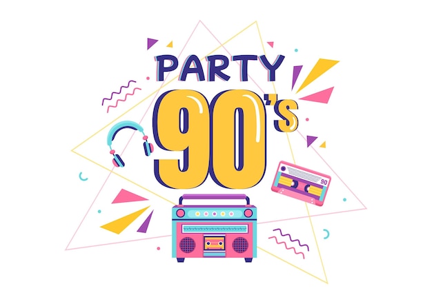 90s Retro Party Cartoon Background Illustration in Trendy Flat Style Design