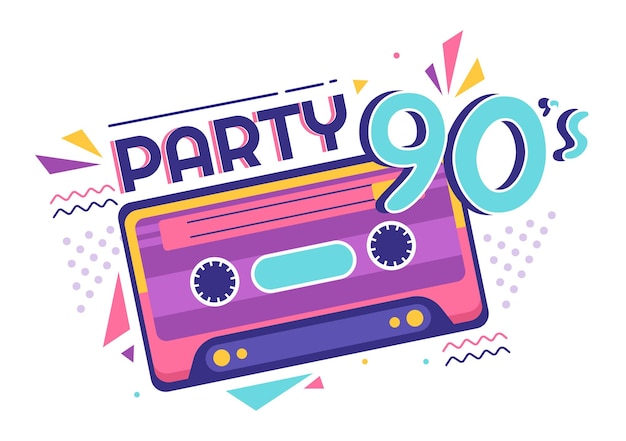 90s Retro Party Cartoon Background Illustration in Trendy Flat Style Design