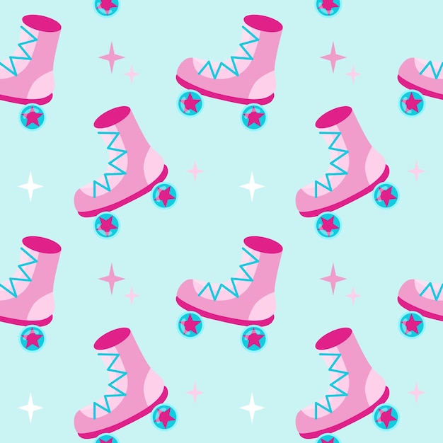 90s seamless pattern pink roller skates in flat cartoon style with stars on blue background