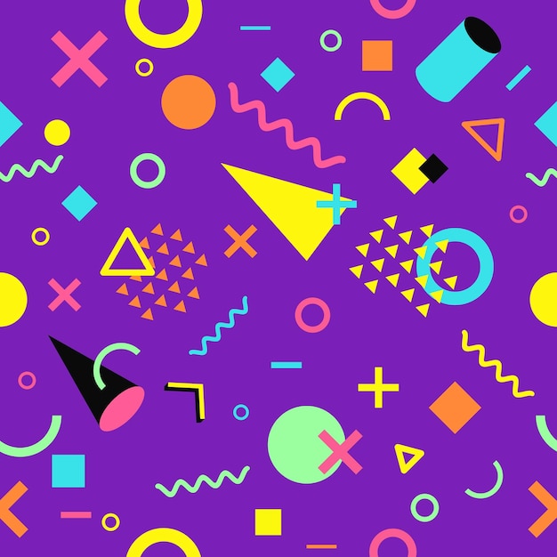 90s style vector seamless pattern with multicolor geometric shapes