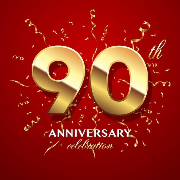 90th Anniversary Celebration Logo design with golden number and ribbon Logo Vector Template