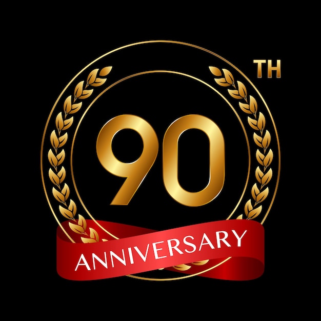 90th Anniversary Logo Design with Laurel Wreath and Red Ribbon Logo Vector Illustration