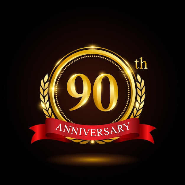 90th golden anniversary template design with shiny ring and red ribbon laurel wreath isolated on black background logo vector