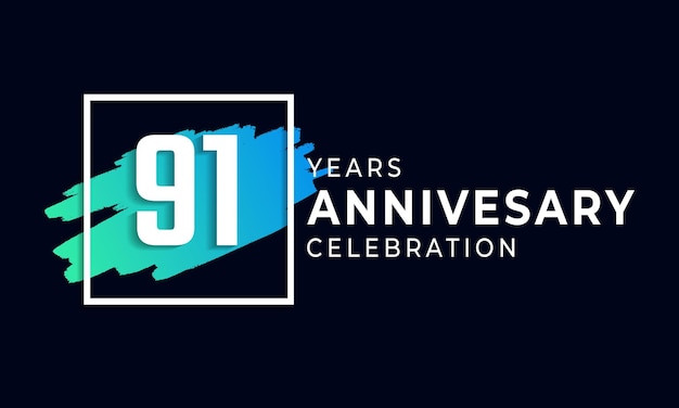 91 Year Anniversary Celebration with Blue Brush and Square Symbol Isolated on Black Background