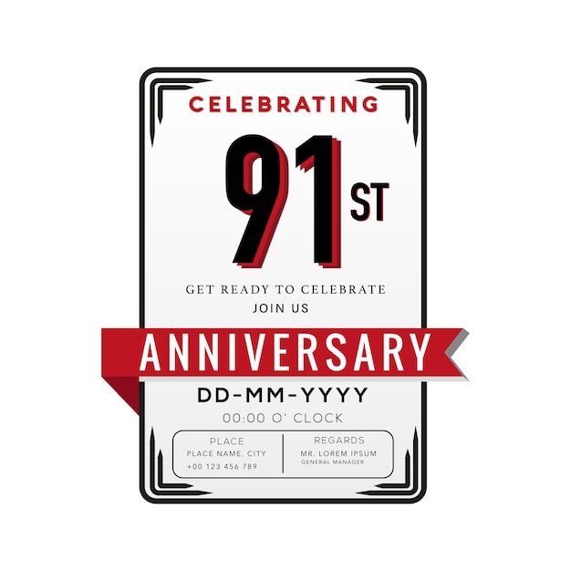 91 Years Anniversary Logo Celebration and Invitation Card with red ribbon Isolated.