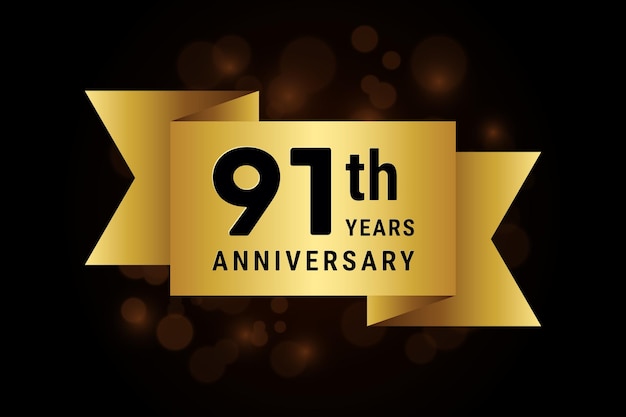 91th anniversary celebration template design with gold ribbon Logo vector illustration