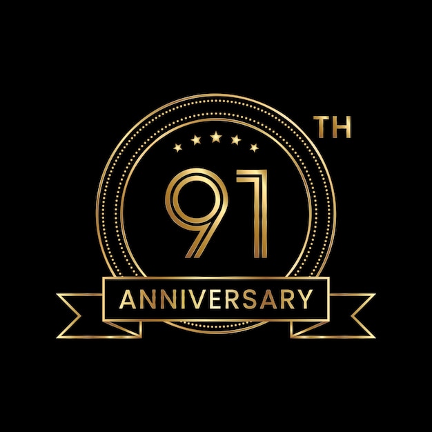 91th Anniversary emblem design with gold color for celebration event Line Art Design Logo Vector