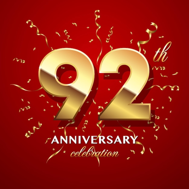 92th Anniversary Celebration Logo design with golden number and ribbon Logo Vector Template