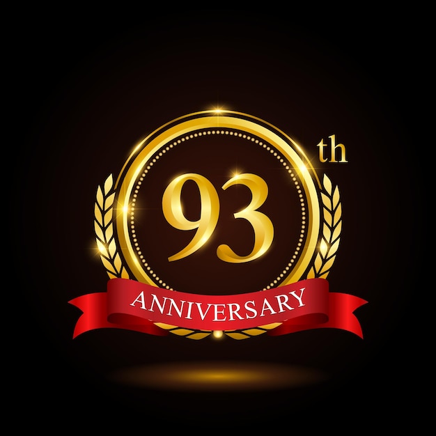 93th golden anniversary template design with shiny ring and red ribbon laurel wreath isolated on black background logo vector