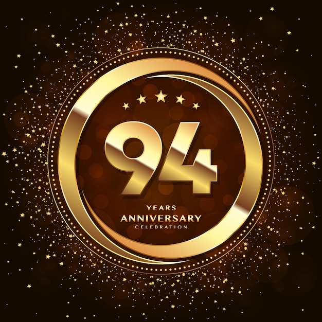 94th anniversary logo with double rings and gold font decorated with glitter and confetti