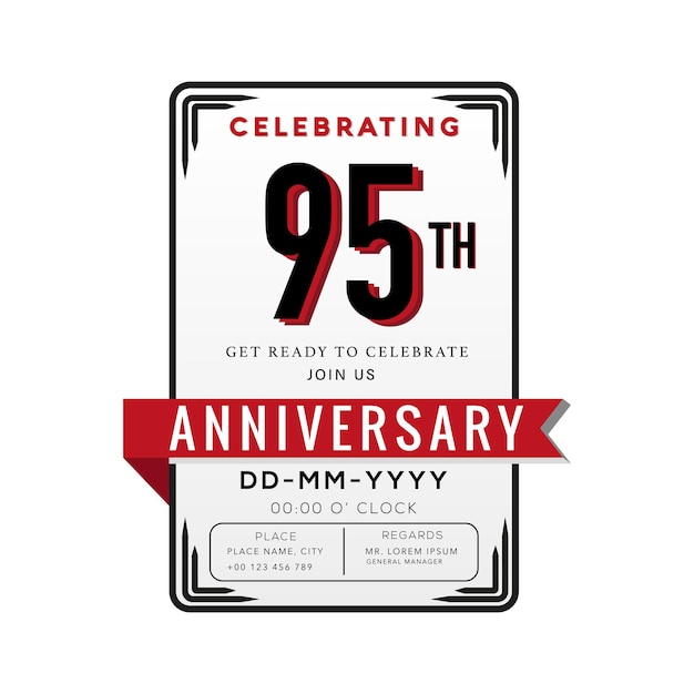 95 Years Anniversary Logo Celebration and Invitation Card with red ribbon Isolated.