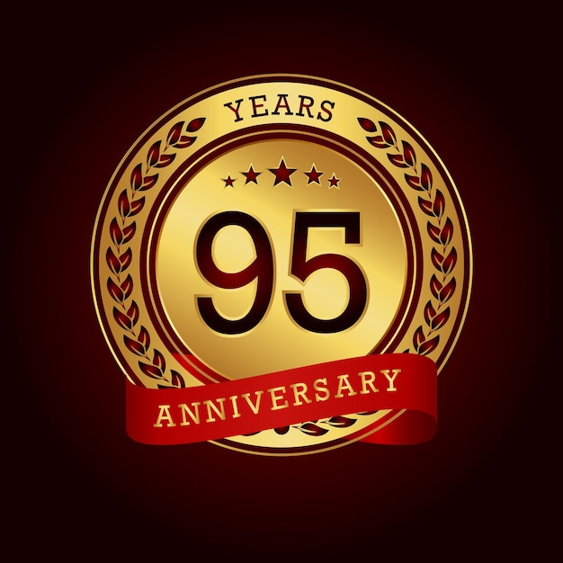 95 years anniversary with a golden circle and red ribbon in a dark red background