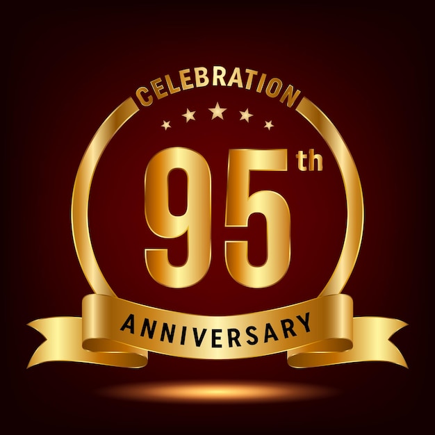 95th Anniversary Celebration logo design with ring and gold ribbon Logo Vector Template