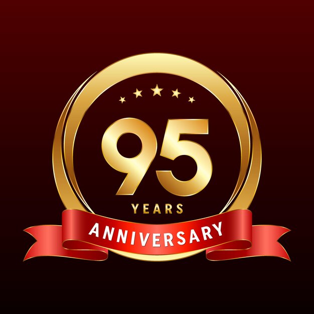 95th Anniversary logo design with golden ring and red ribbon Logo Vector Template Illustration