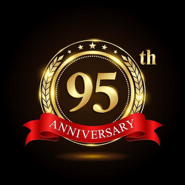 95th golden anniversary logo with shiny ring and red ribbon isolated on black background vector design