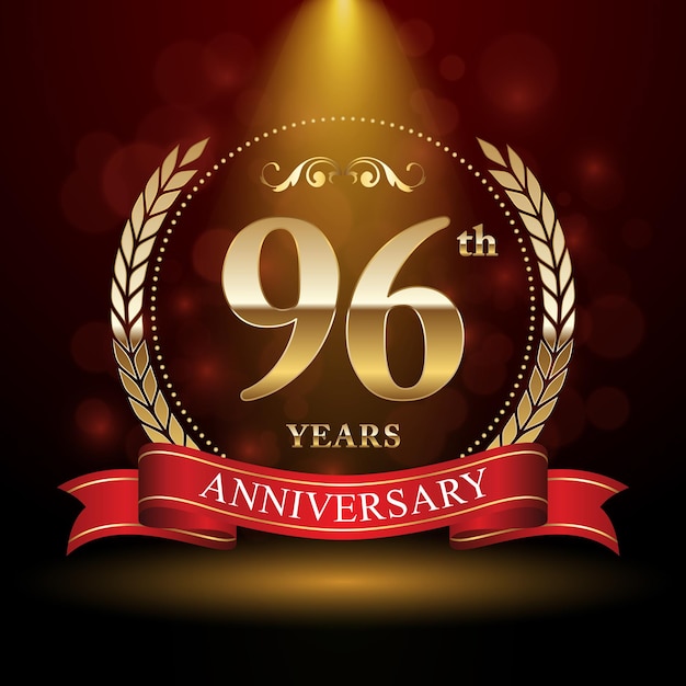 96th anniversary logo design with Laurel wreath and red ribbon Logo Vector Template